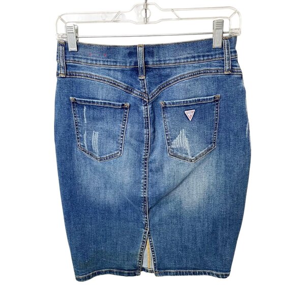 Guess Dark Blue Denim Pencil Skirt Distressed Exposed Button Fly Women’s Size 28 - Picture 2 of 8